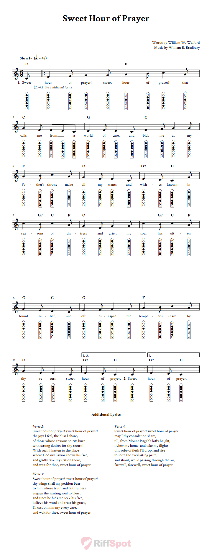 Sweet Hour of Prayer 6-Hole Native American Flute Sheet Music and Tab (Fingering Diagrams)