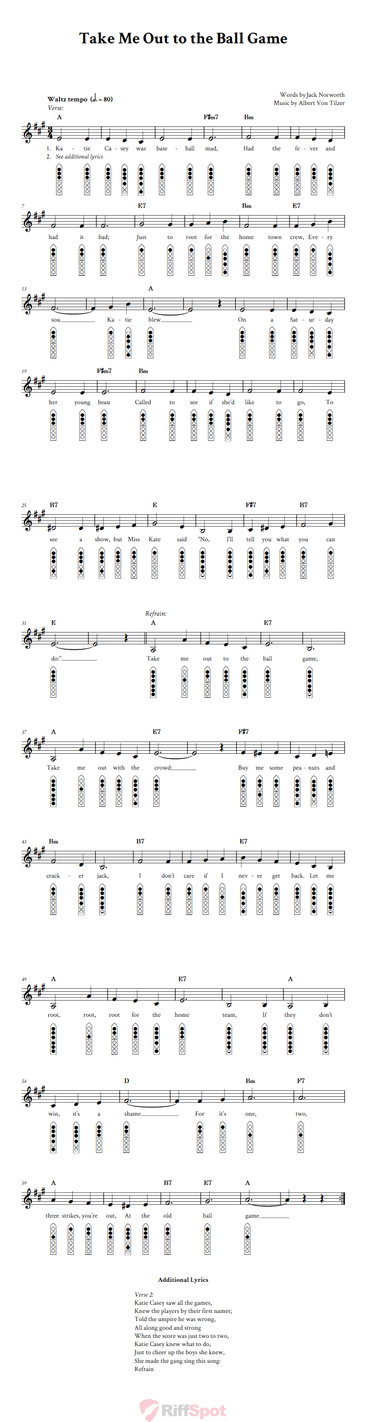 Take Me Out to the Ball Game 6-Hole Native American Flute Sheet Music and Tab (Fingering Diagrams)
