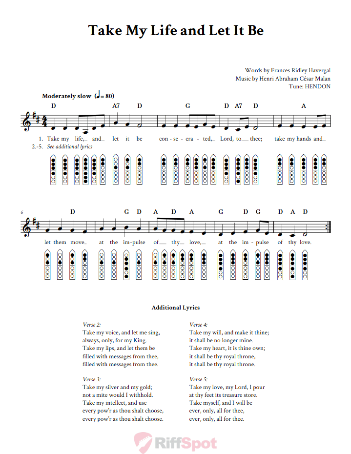Take My Life And Let It Be 6-Hole Native American Flute Sheet Music and Tab (Fingering Diagrams)