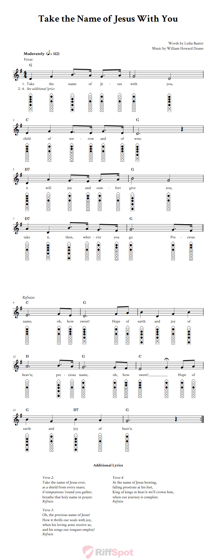 Take the Name of Jesus With You 6-Hole Native American Flute Sheet Music and Tab (Fingering Diagrams)