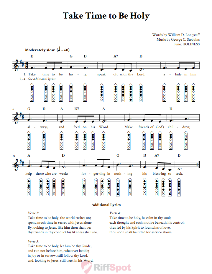 Take Time to Be Holy 6-Hole Native American Flute Sheet Music and Tab (Fingering Diagrams)