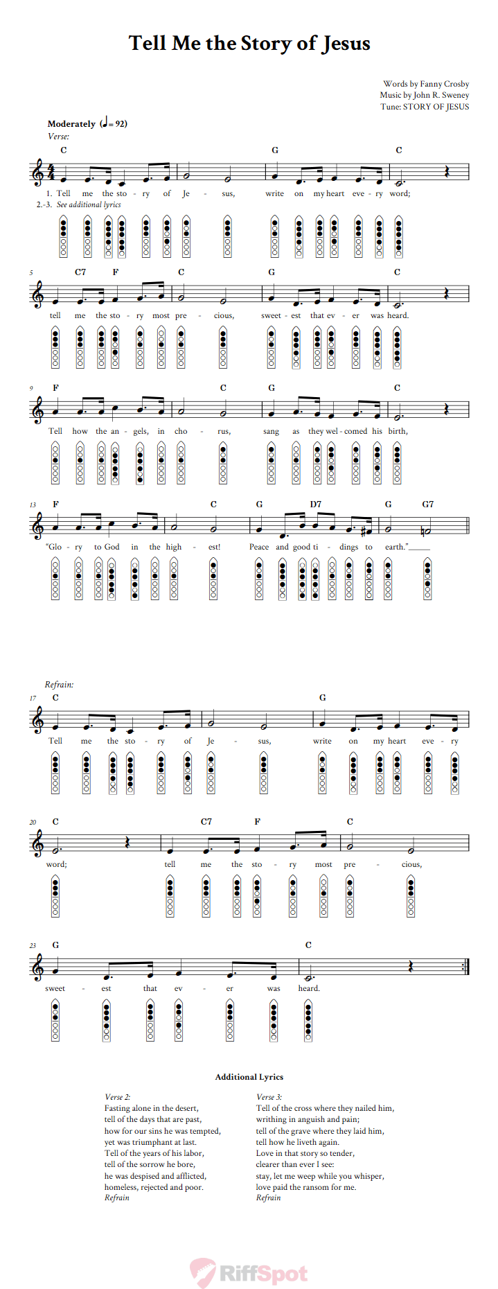 Tell Me the Story of Jesus 6-Hole Native American Flute Sheet Music and Tab (Fingering Diagrams)