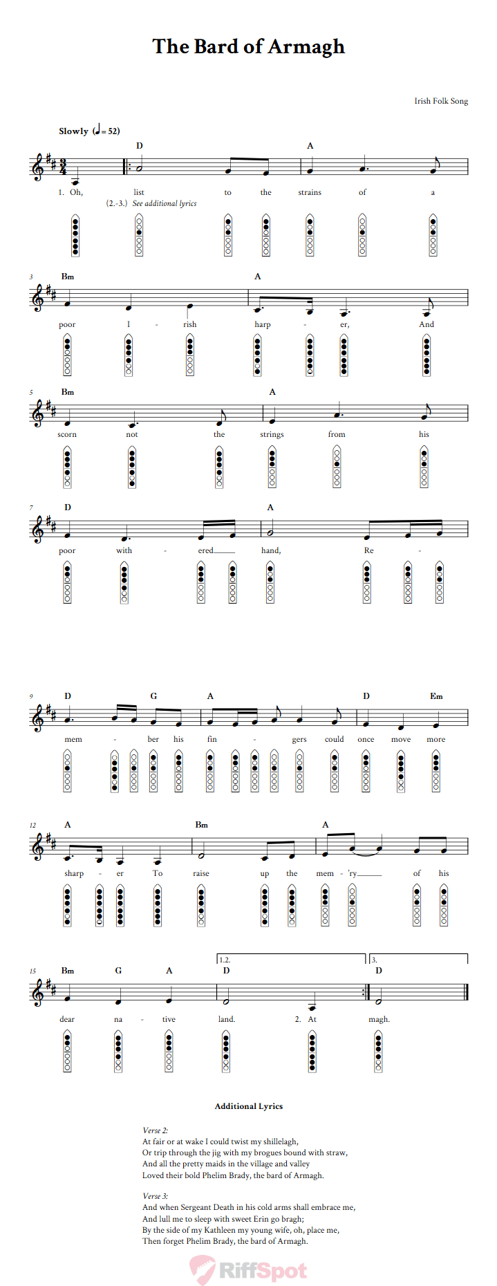 The Bard of Armagh 6-Hole Native American Flute Sheet Music and Tab (Fingering Diagrams)