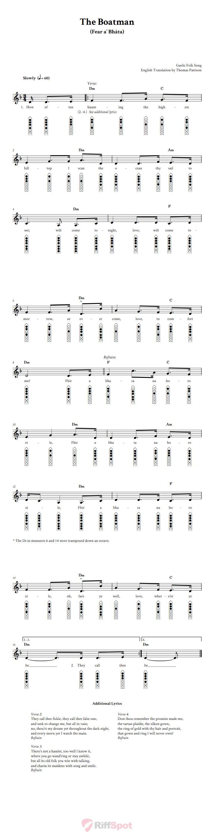 The Boatman 6-Hole Native American Flute Sheet Music and Tab (Fingering Diagrams)