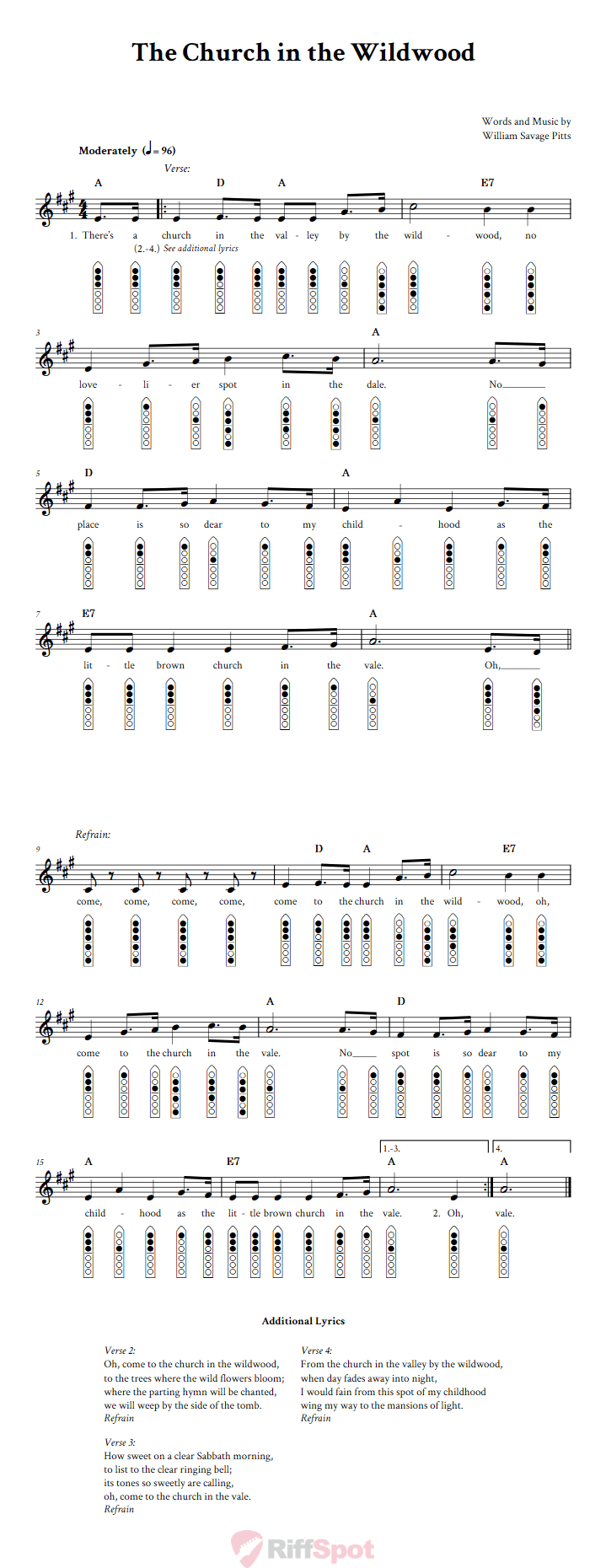 The Church In The Wildwood 6-Hole Native American Flute Sheet Music and Tab (Fingering Diagrams)