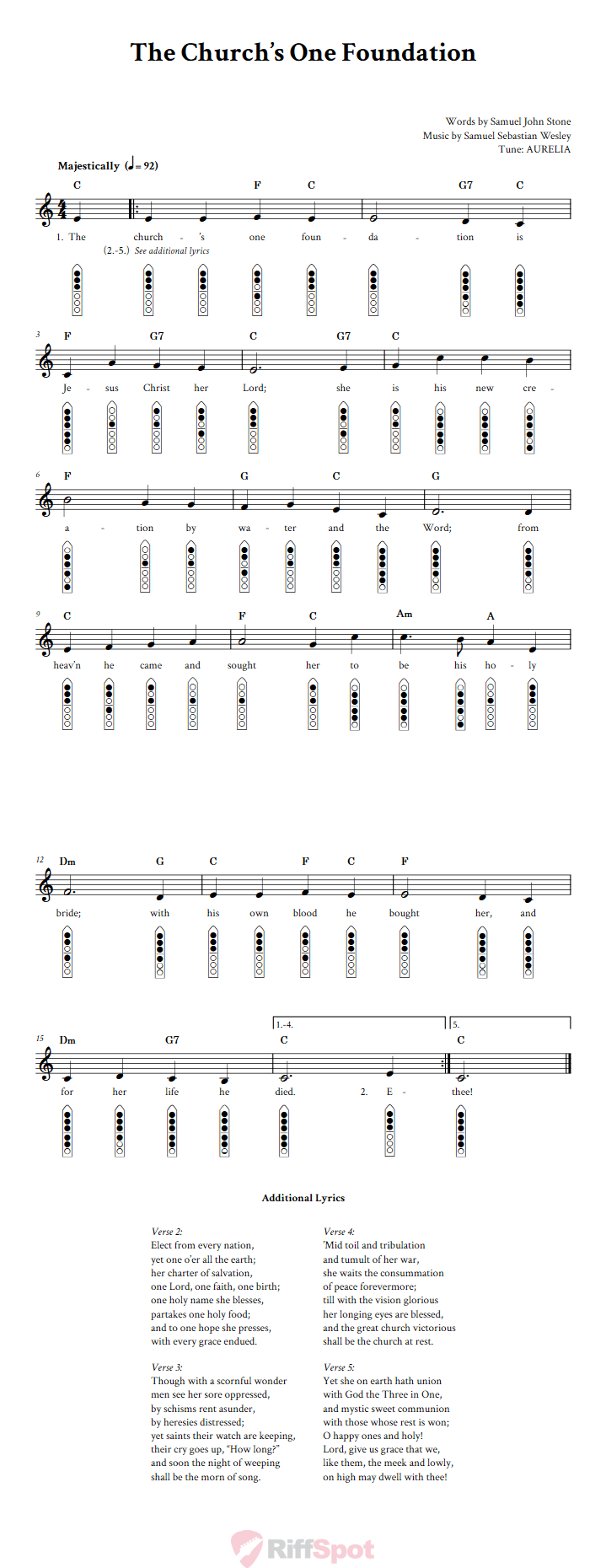 The Church's One Foundation 6-Hole Native American Flute Sheet Music and Tab (Fingering Diagrams)