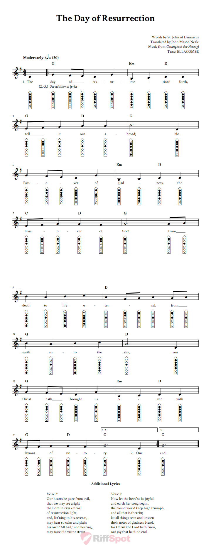 The Day of Resurrection 6-Hole Native American Flute Sheet Music and Tab (Fingering Diagrams)