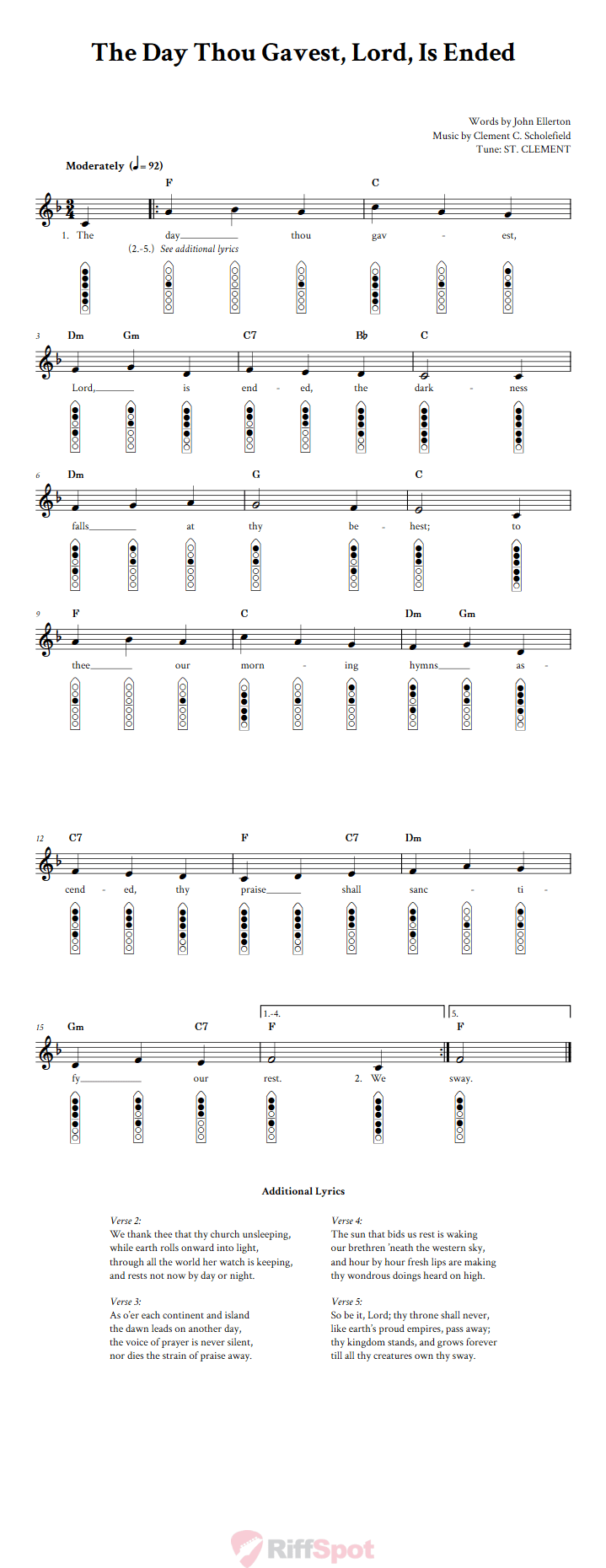 The Day Thou Gavest, Lord, Is Ended 6-Hole Native American Flute Sheet Music and Tab (Fingering Diagrams)