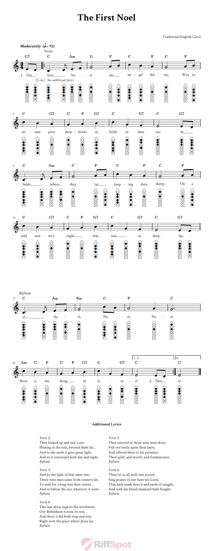 The First Noel 6-Hole Native American Flute Sheet Music and Tab (Fingering Diagrams)