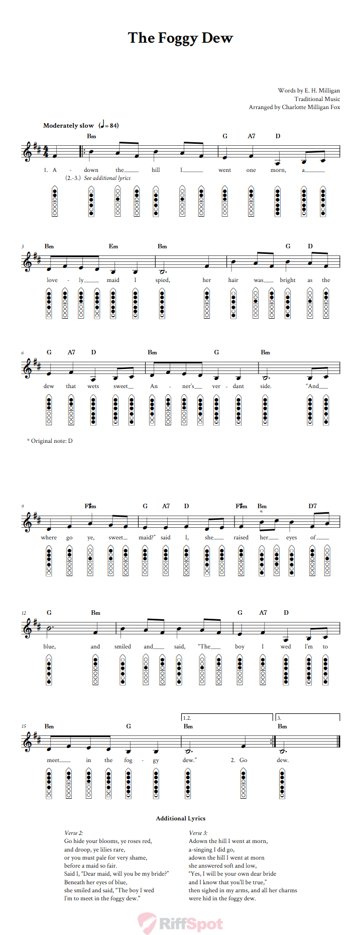 The Foggy Dew 6-Hole Native American Flute Sheet Music and Tab (Fingering Diagrams)