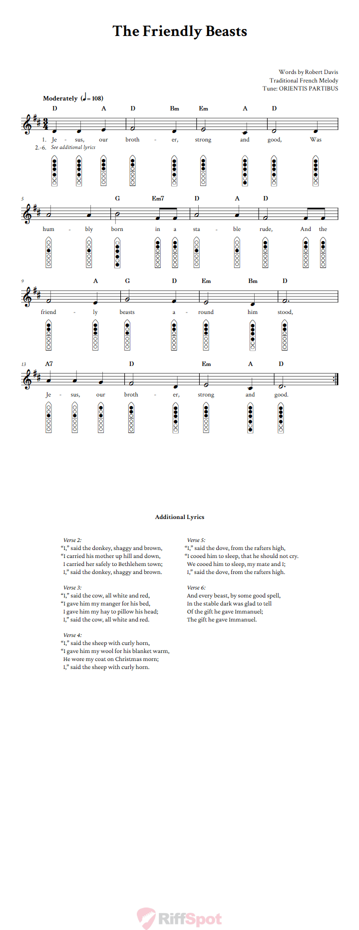 The Friendly Beasts 6-Hole Native American Flute Sheet Music and Tab (Fingering Diagrams)
