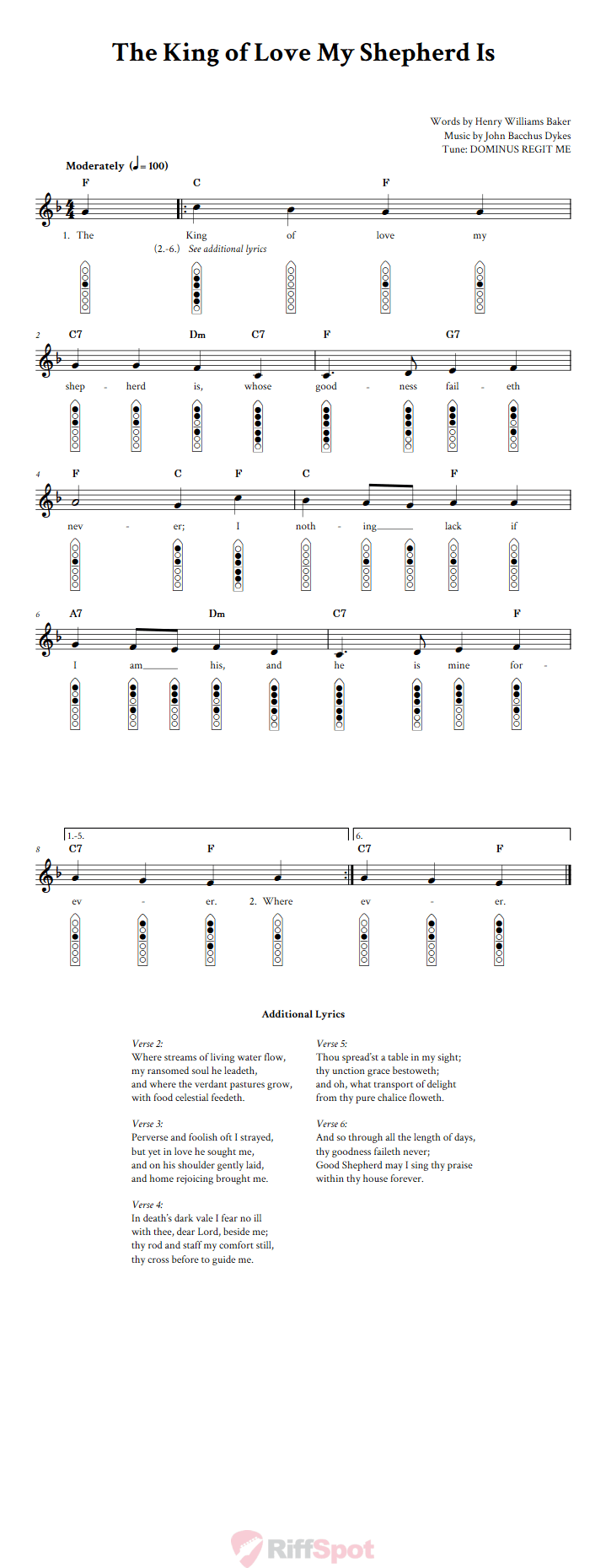 The King Of Love My Shepherd Is 6-Hole Native American Flute Sheet Music and Tab (Fingering Diagrams)
