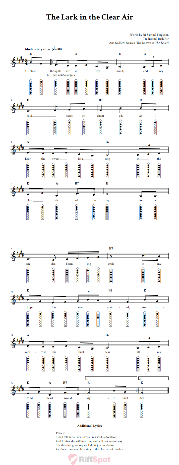 The Lark in the Clear Air 6-Hole Native American Flute Sheet Music and Tab (Fingering Diagrams)