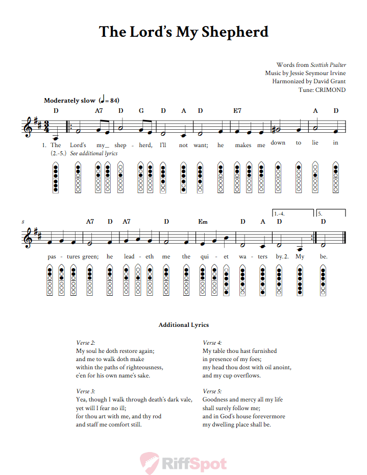 The Lord's My Shepherd 6-Hole Native American Flute Sheet Music and Tab (Fingering Diagrams)