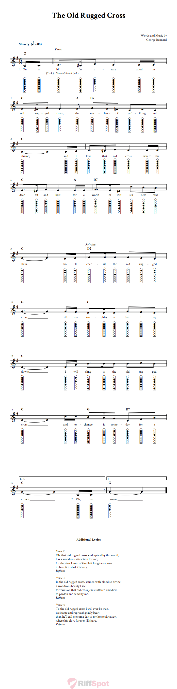 The Old Rugged Cross 6-Hole Native American Flute Sheet Music and Tab (Fingering Diagrams)