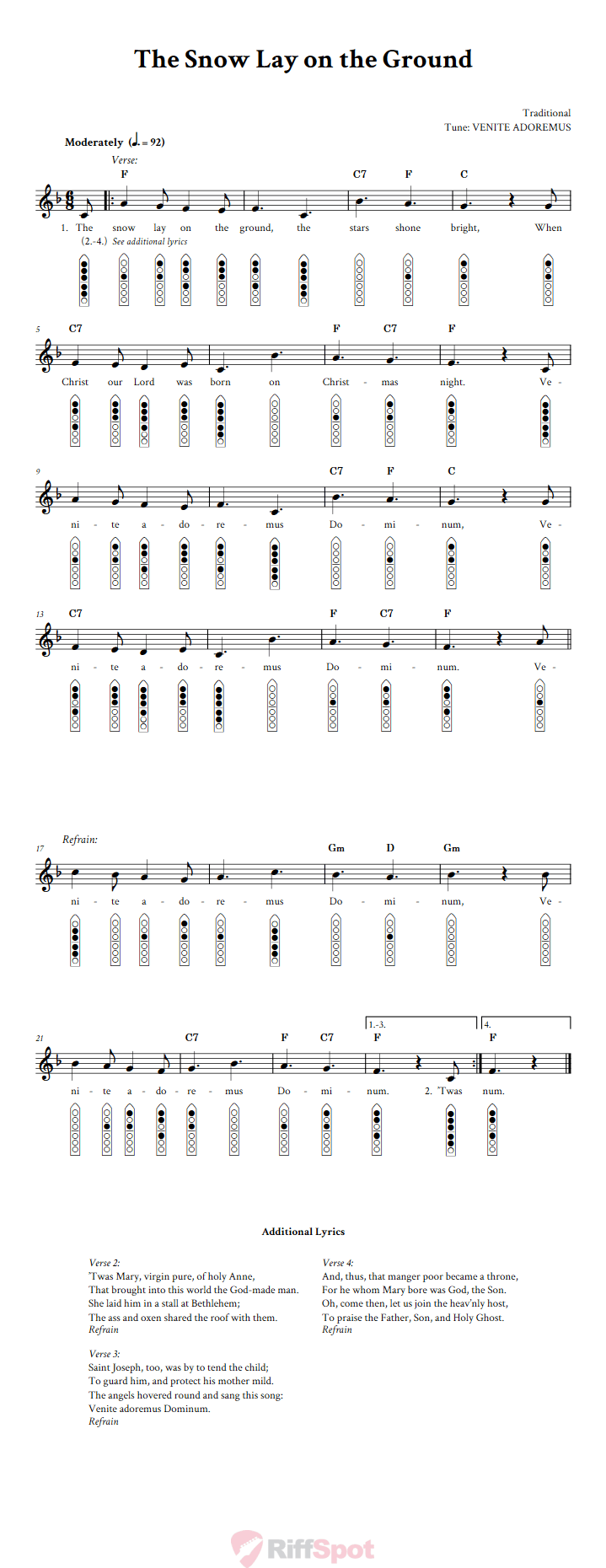 The Snow Lay on the Ground 6-Hole Native American Flute Sheet Music and Tab (Fingering Diagrams)