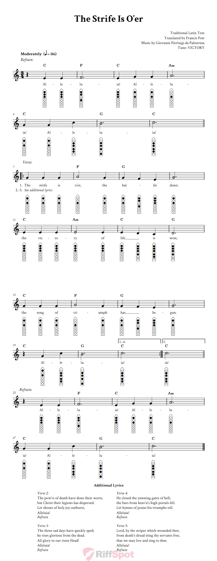 The Strife Is O'er 6-Hole Native American Flute Sheet Music and Tab (Fingering Diagrams)