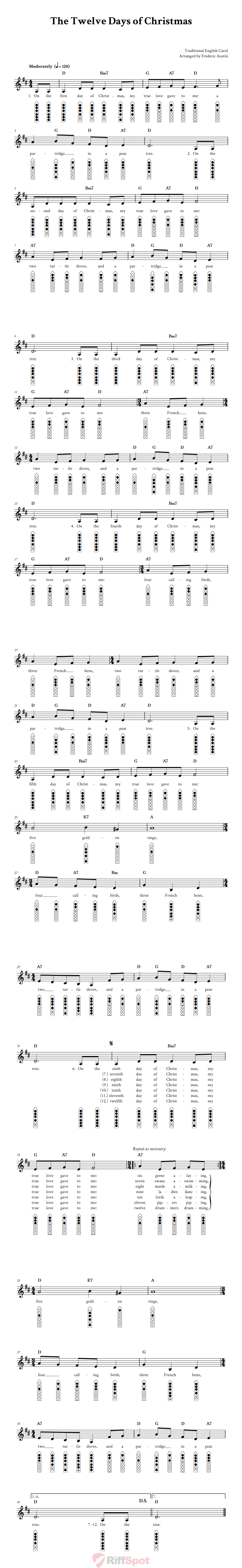 The Twelve Days of Christmas 6-Hole Native American Flute Sheet Music and Tab (Fingering Diagrams)