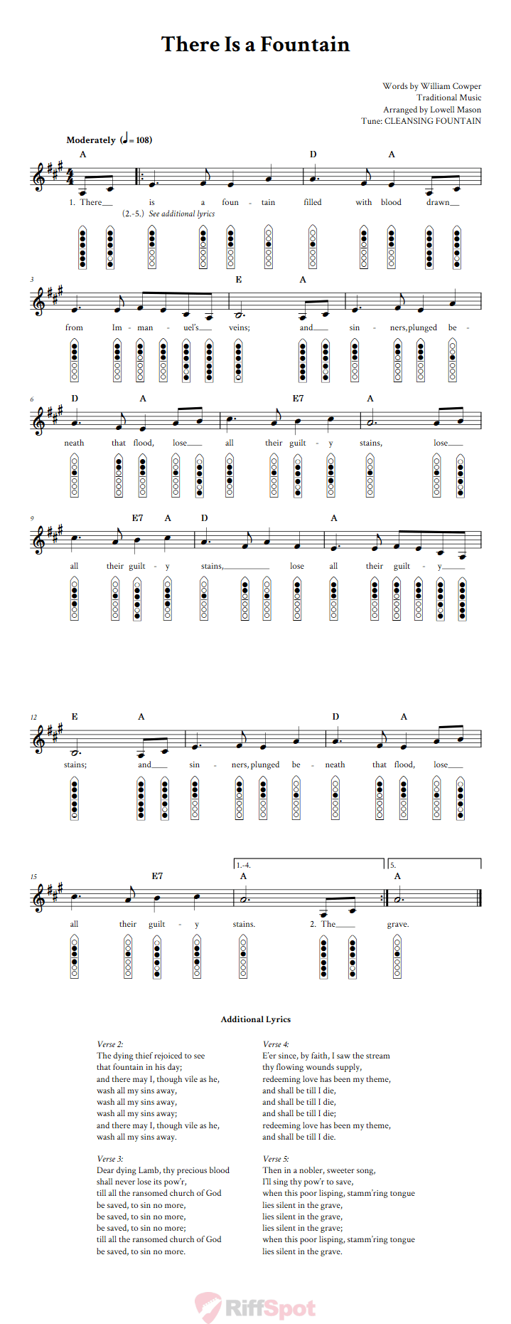 There Is a Fountain 6-Hole Native American Flute Sheet Music and Tab (Fingering Diagrams)