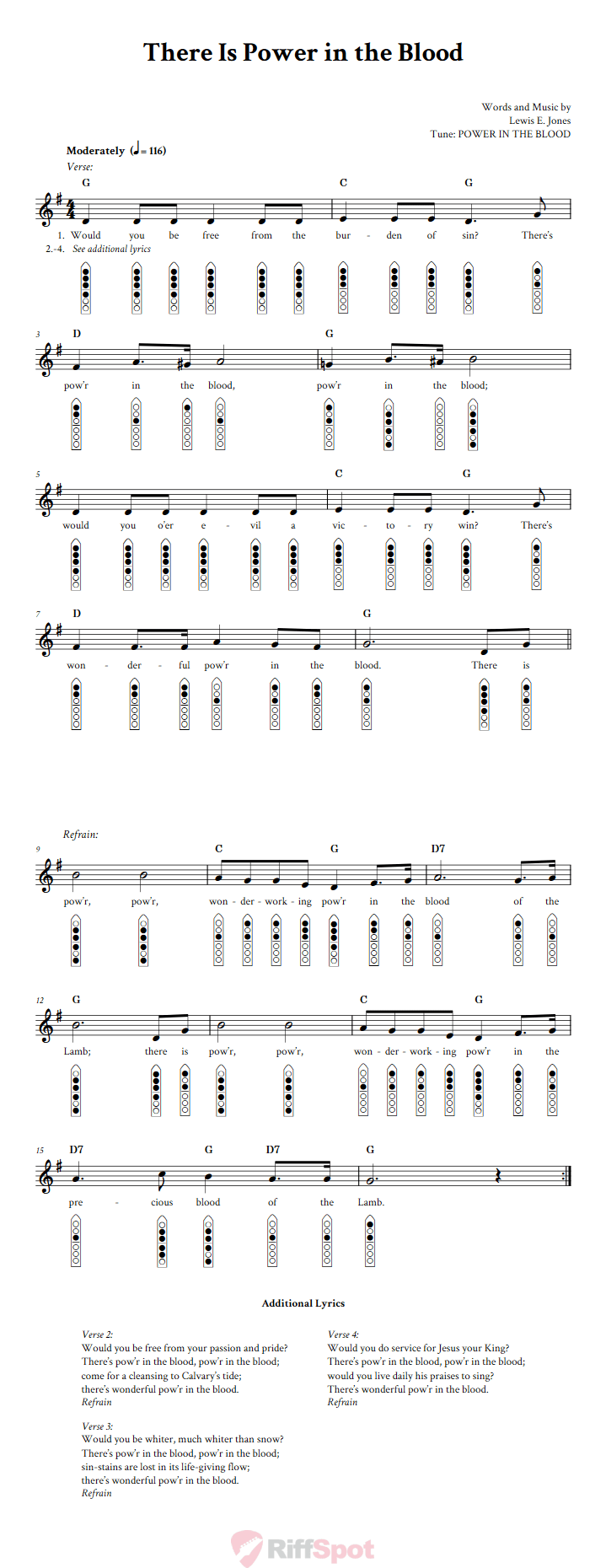 There Is Power in the Blood 6-Hole Native American Flute Sheet Music and Tab (Fingering Diagrams)