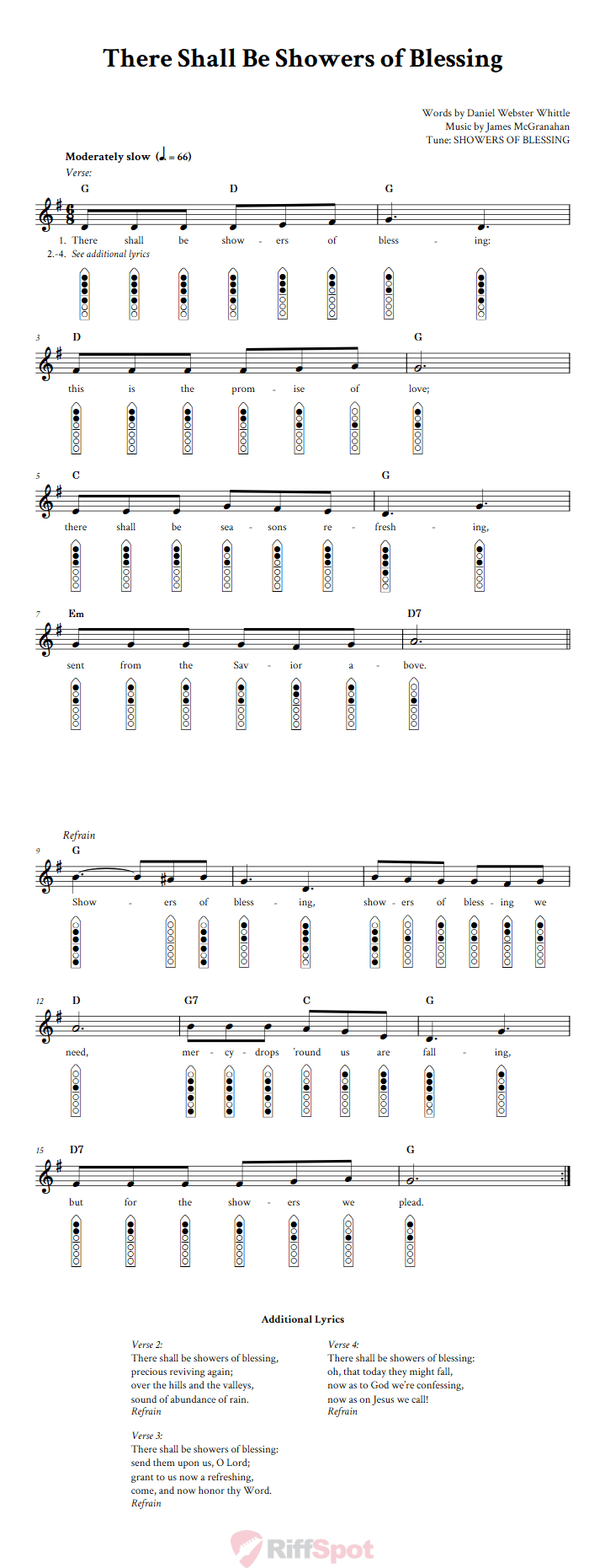 There Shall Be Showers of Blessing 6-Hole Native American Flute Sheet Music and Tab (Fingering Diagrams)