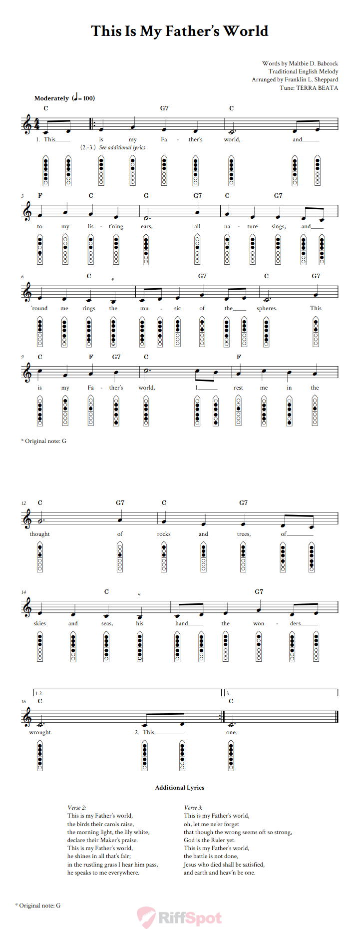 This Is My Father's World 6-Hole Native American Flute Sheet Music and Tab (Fingering Diagrams)
