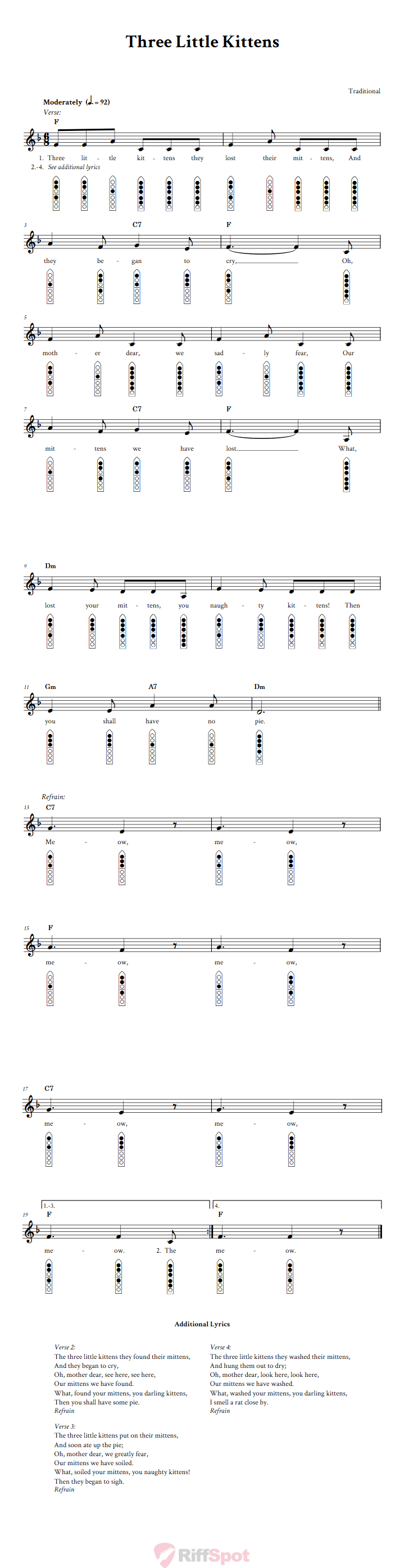 Three Little Kittens 6-Hole Native American Flute Sheet Music and Tab (Fingering Diagrams)