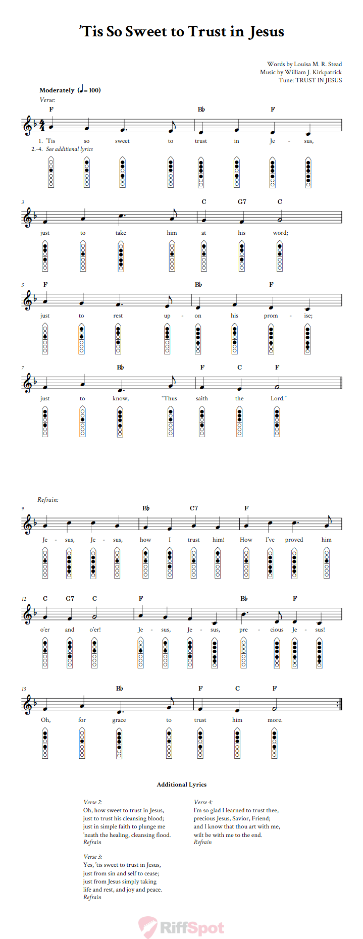 Tis So Sweet To Trust In Jesus 6-Hole Native American Flute Sheet Music and Tab (Fingering Diagrams)