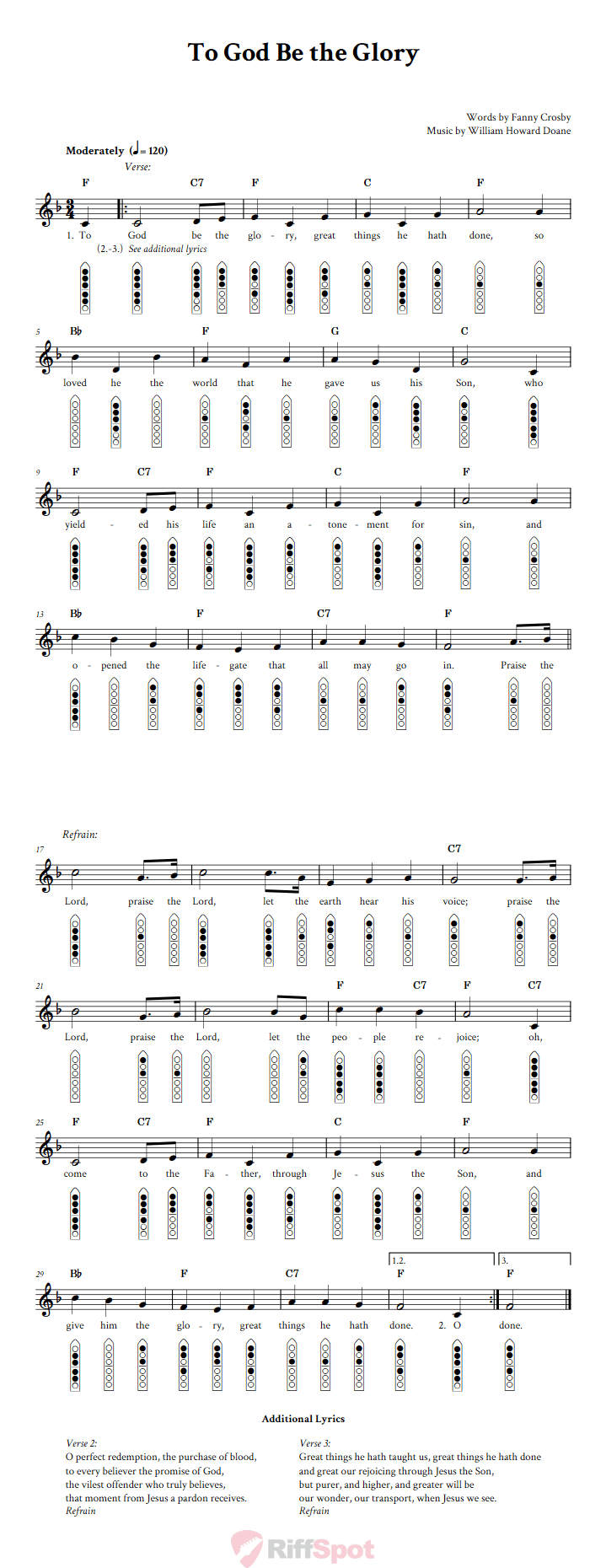 To God Be the Glory 6-Hole Native American Flute Sheet Music and Tab (Fingering Diagrams)