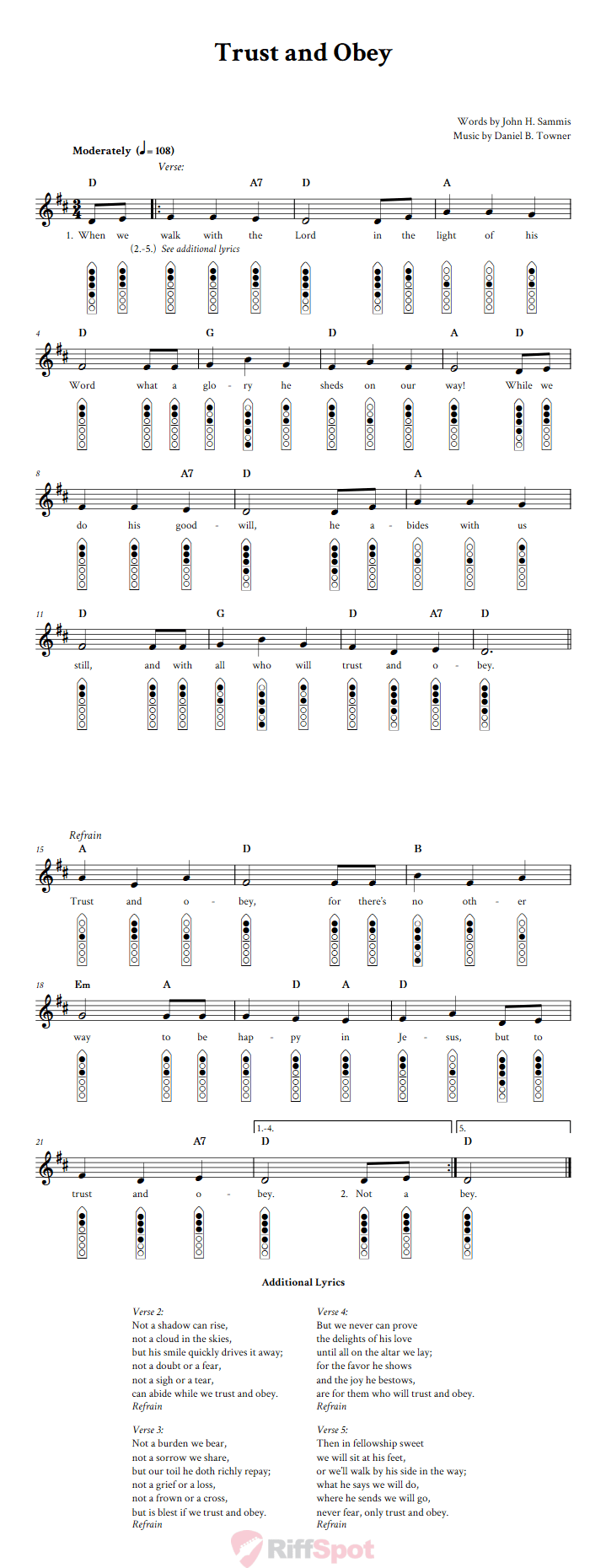 Trust and Obey 6-Hole Native American Flute Sheet Music and Tab (Fingering Diagrams)