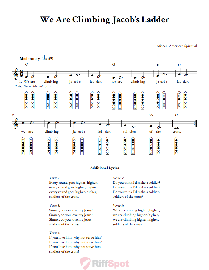 We Are Climbing Jacob's Ladder 6-Hole Native American Flute Sheet Music and Tab (Fingering Diagrams)