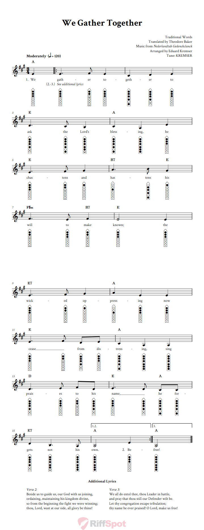 We Gather Together 6-Hole Native American Flute Sheet Music and Tab (Fingering Diagrams)