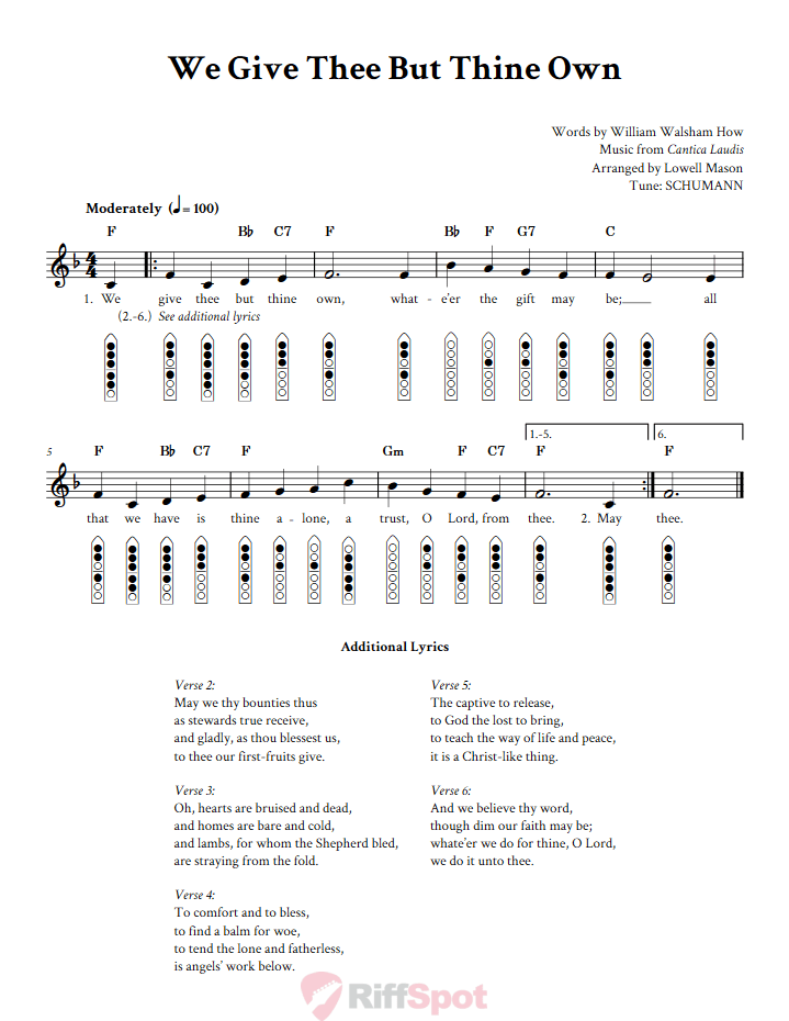 We Give Thee But Thine Own 6-Hole Native American Flute Sheet Music and Tab (Fingering Diagrams)