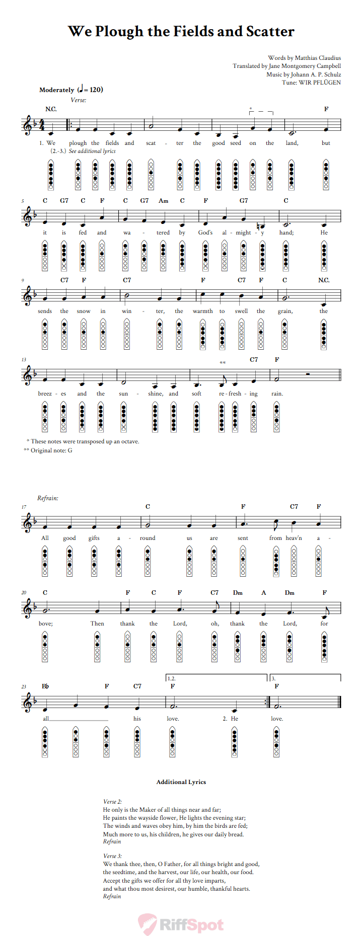 We Plough the Fields and Scatter 6-Hole Native American Flute Sheet Music and Tab (Fingering Diagrams)