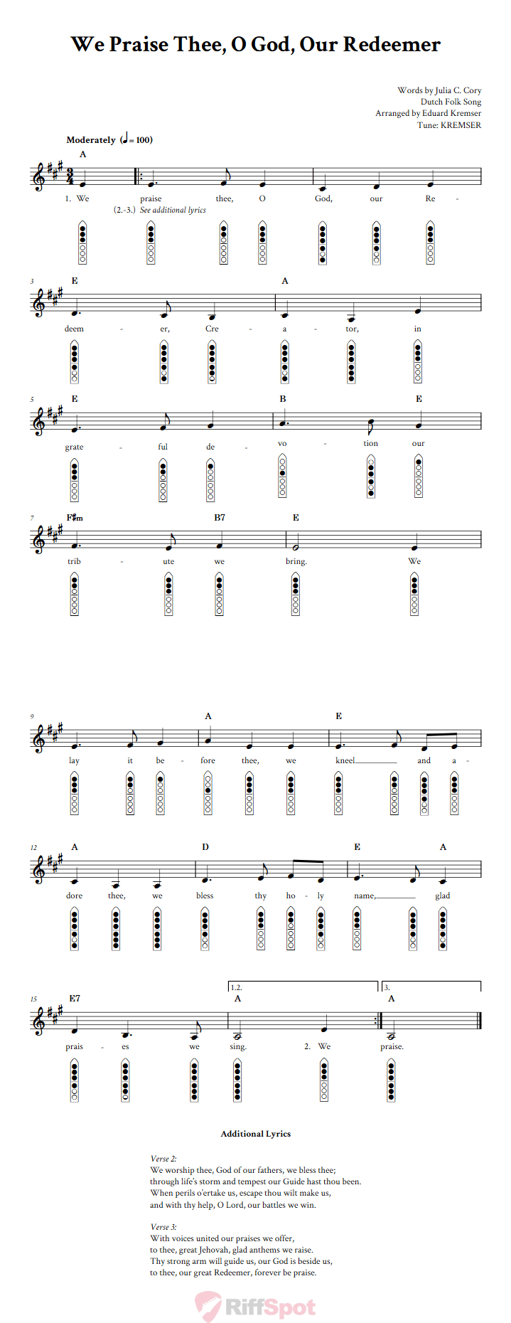 We Praise Thee, O God, Our Redeemer 6-Hole Native American Flute Sheet Music and Tab (Fingering Diagrams)