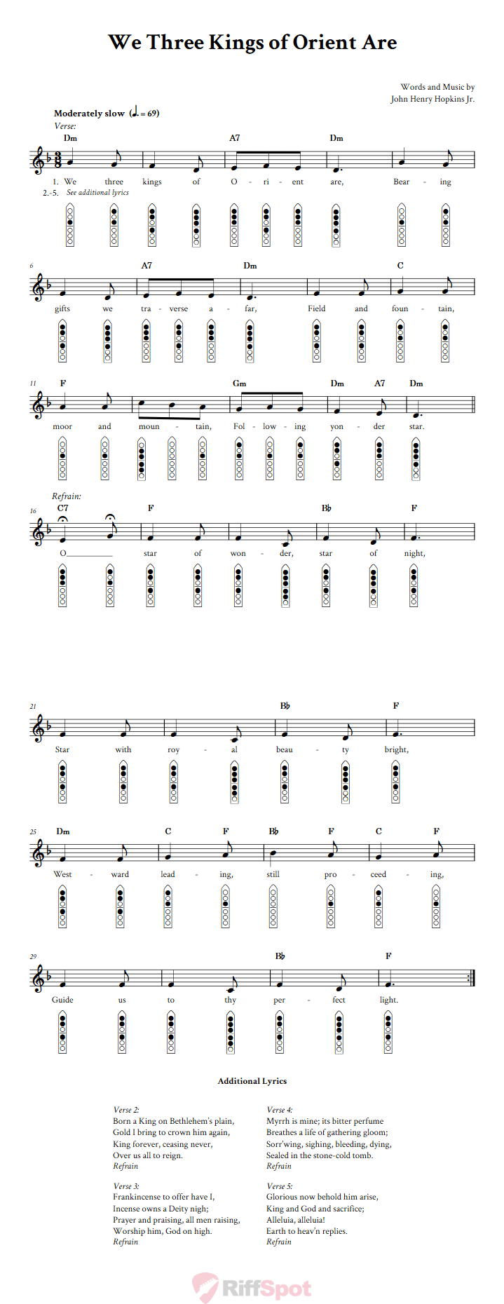 We Three Kings of Orient Are 6-Hole Native American Flute Sheet Music and Tab (Fingering Diagrams)