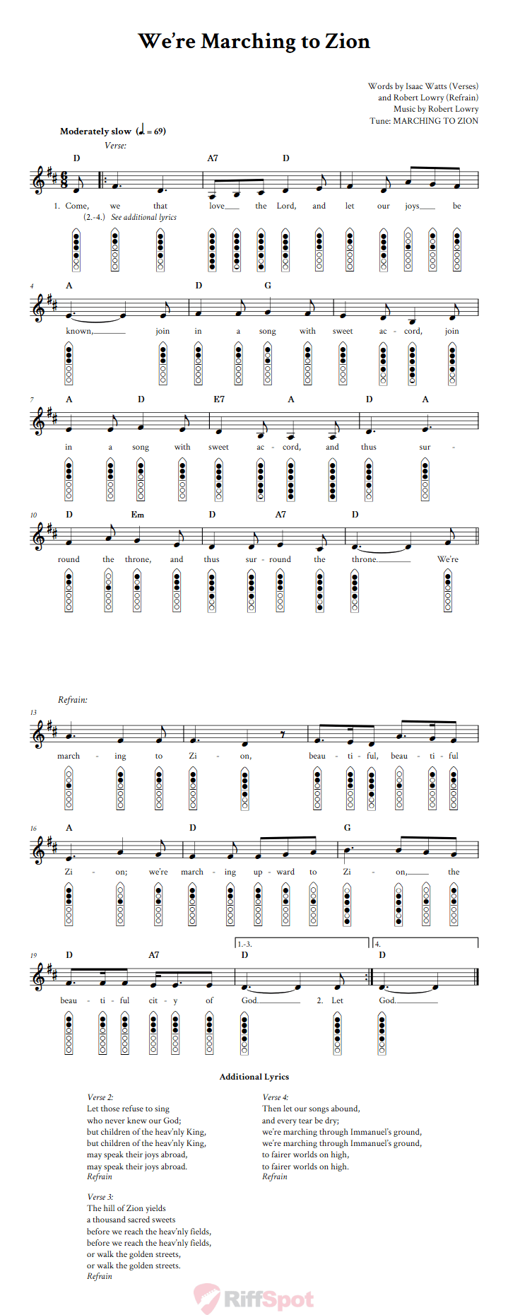 We're Marching to Zion 6-Hole Native American Flute Sheet Music and Tab (Fingering Diagrams)