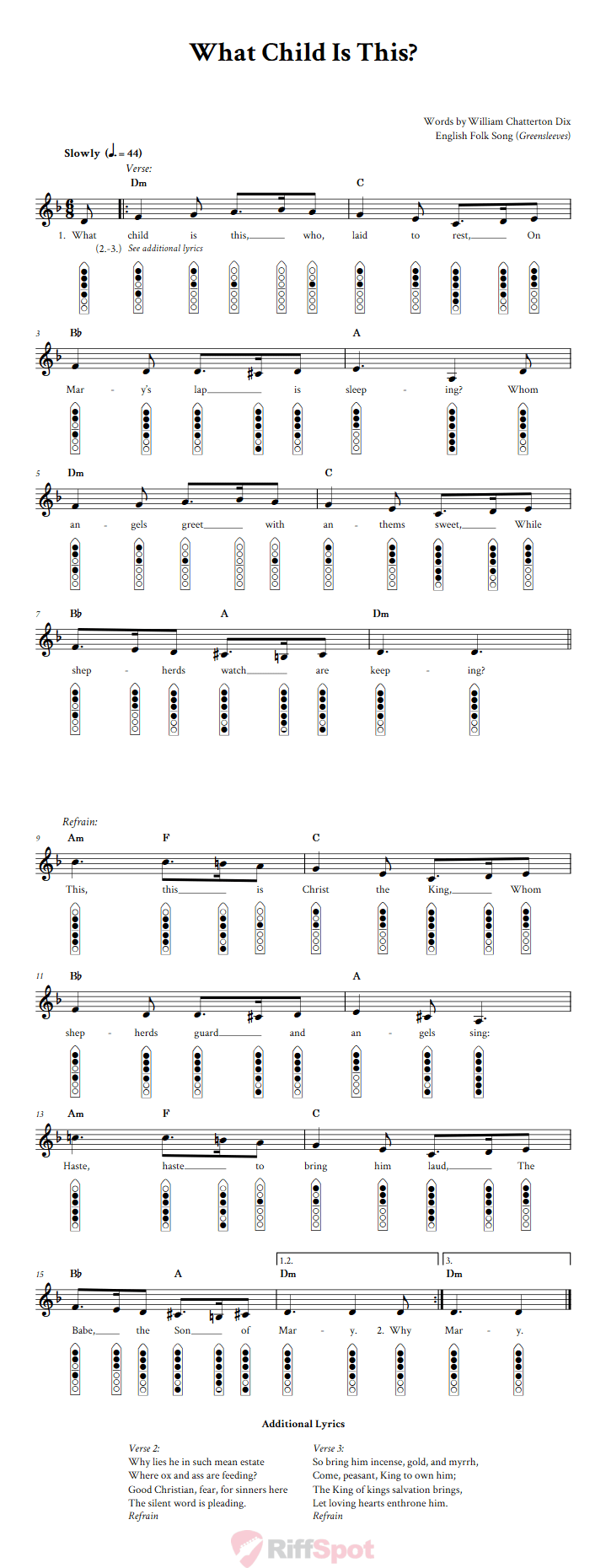 What Child Is This? 6-Hole Native American Flute Sheet Music and Tab (Fingering Diagrams)
