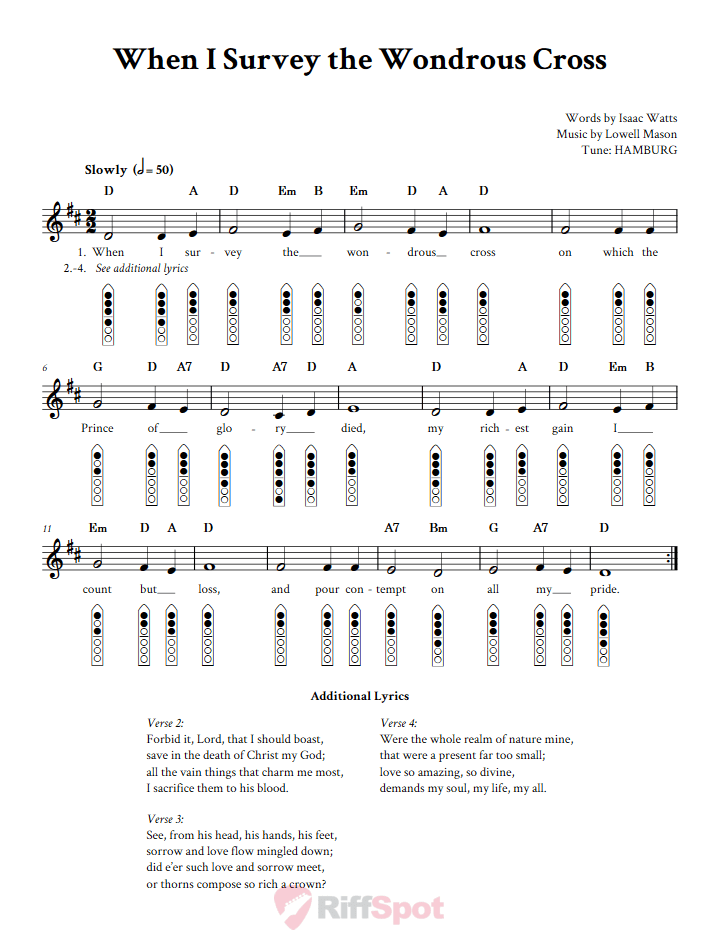 When I Survey the Wondrous Cross 6-Hole Native American Flute Sheet Music and Tab (Fingering Diagrams)