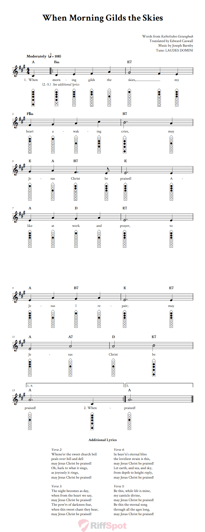 When Morning Gilds the Skies 6-Hole Native American Flute Sheet Music and Tab (Fingering Diagrams)