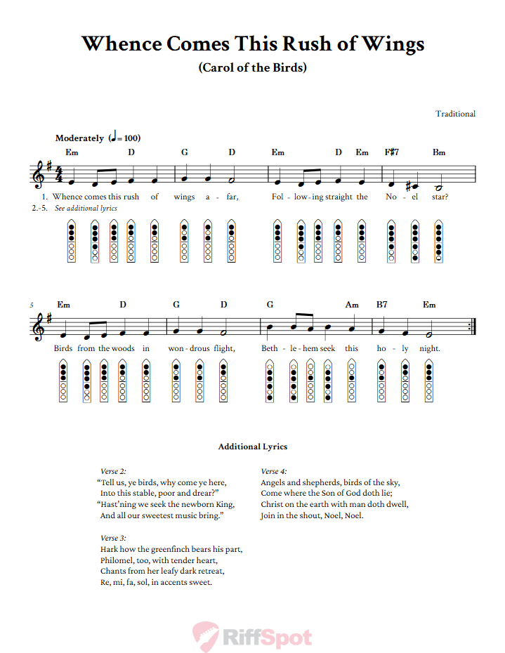 Whence Comes This Rush of Wings 6-Hole Native American Flute Sheet Music and Tab (Fingering Diagrams)