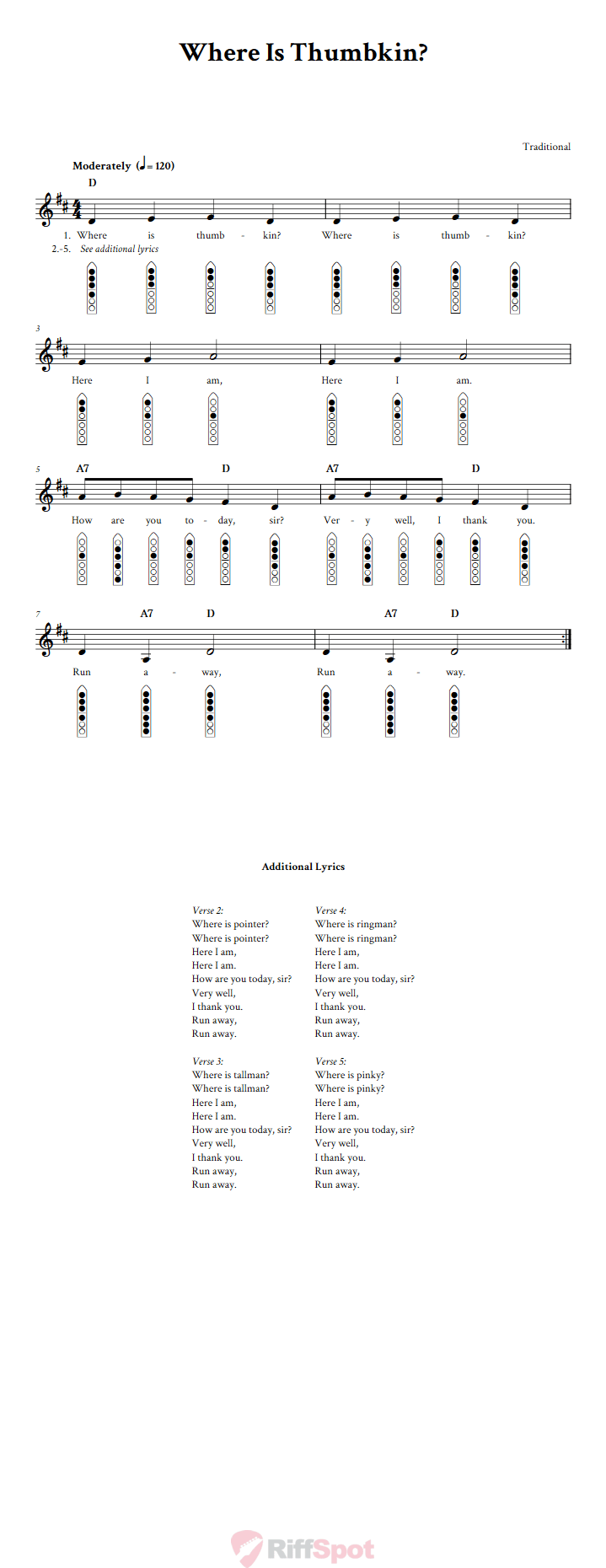 Where Is Thumbkin? 6-Hole Native American Flute Sheet Music and Tab (Fingering Diagrams)