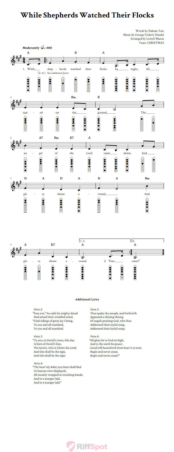 While Shepherds Watched Their Flocks 6-Hole Native American Flute Sheet Music and Tab (Fingering Diagrams)