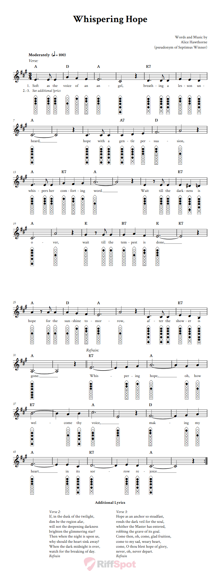 Whispering Hope 6-Hole Native American Flute Sheet Music and Tab (Fingering Diagrams)