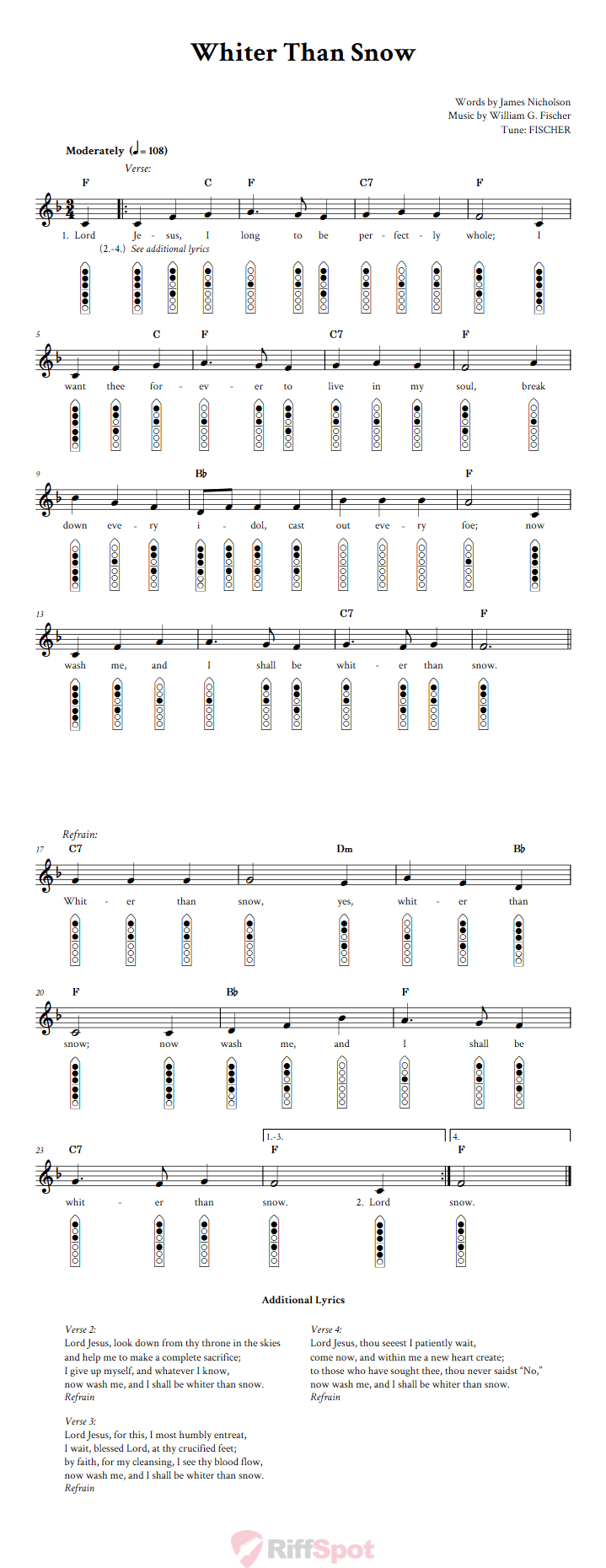 Whiter Than Snow 6-Hole Native American Flute Sheet Music and Tab (Fingering Diagrams)