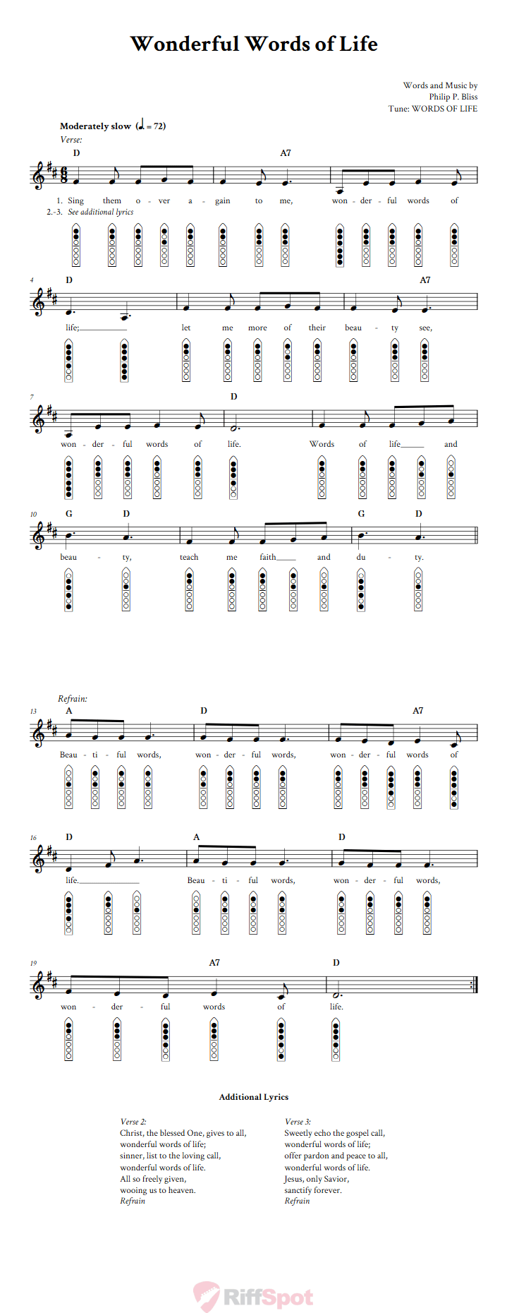Wonderful Words of Life 6-Hole Native American Flute Sheet Music and Tab (Fingering Diagrams)