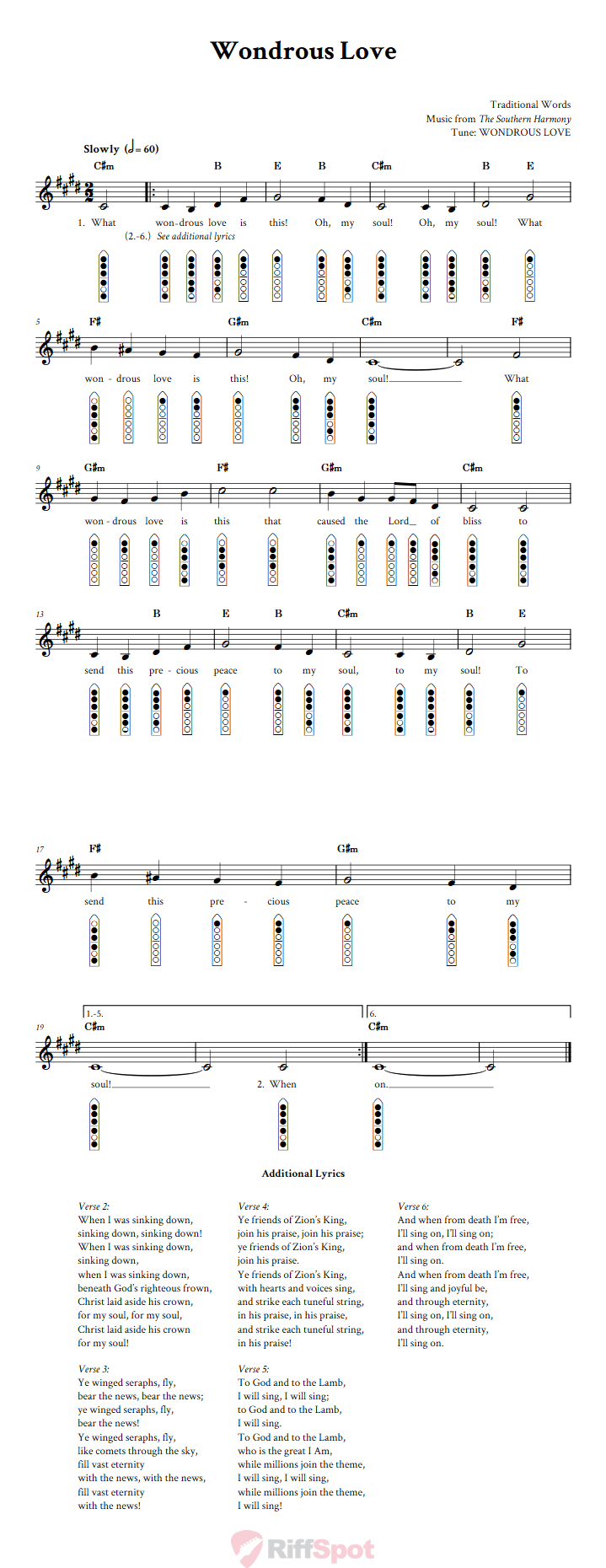Wondrous Love 6-Hole Native American Flute Sheet Music and Tab (Fingering Diagrams)
