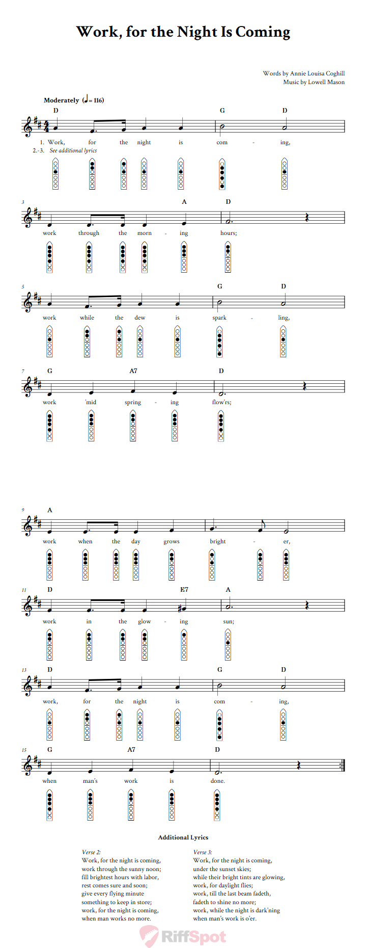 Work, for the Night Is Coming 6-Hole Native American Flute Sheet Music and Tab (Fingering Diagrams)