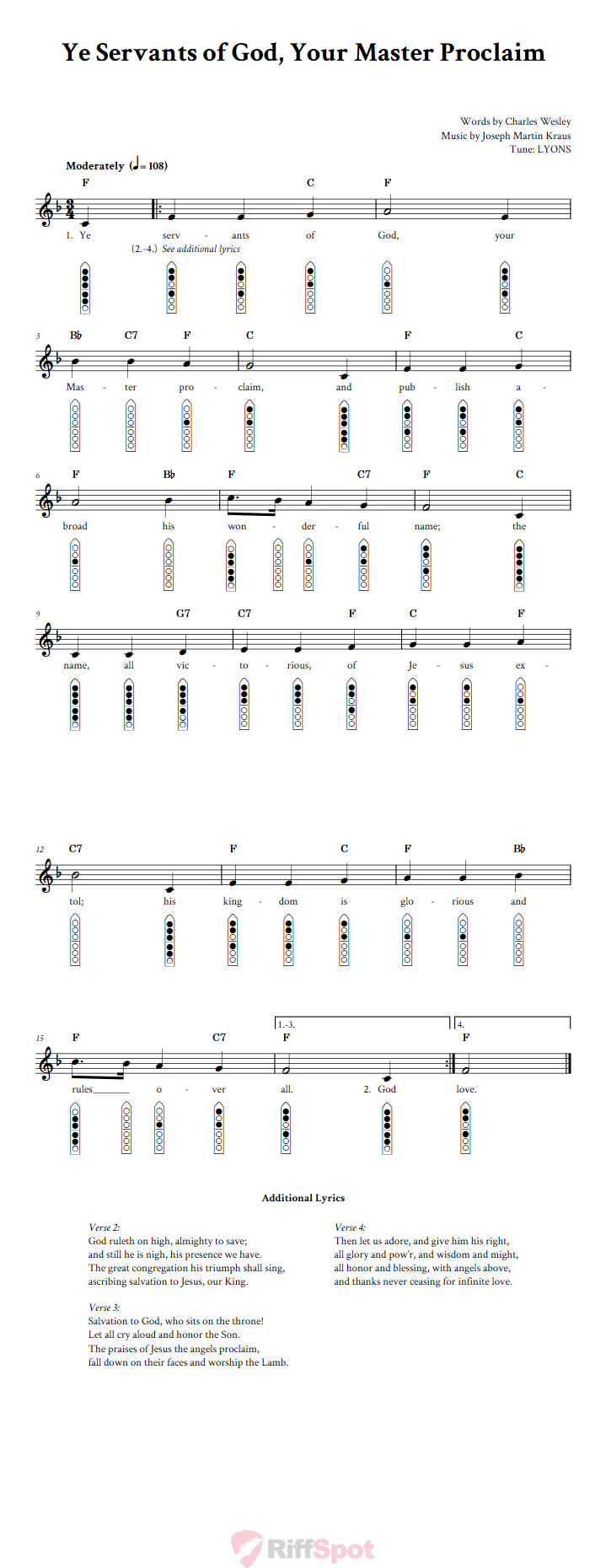Ye Servants of God, Your Master Proclaim 6-Hole Native American Flute Sheet Music and Tab (Fingering Diagrams)