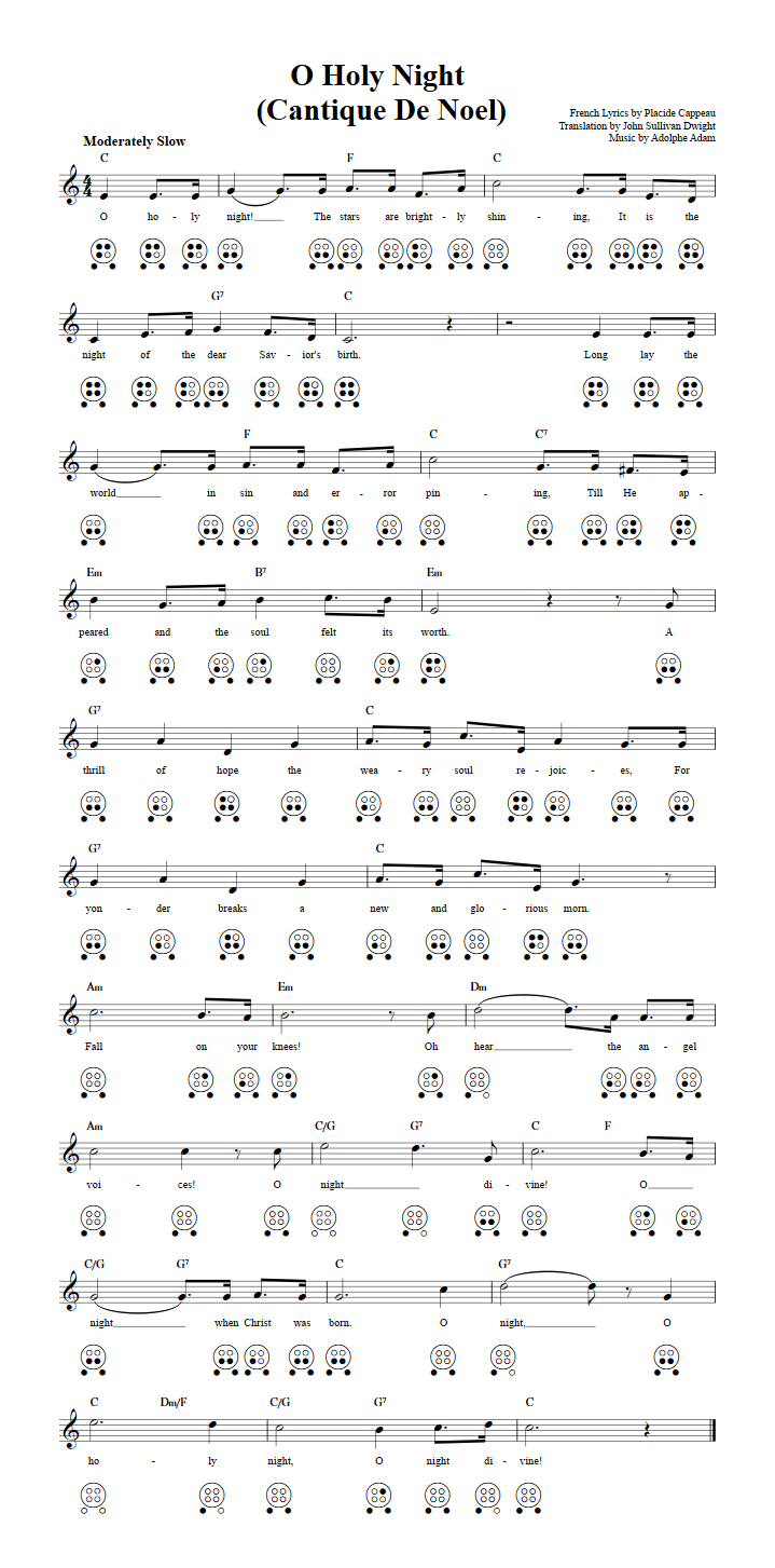 O Holy Night - 6-Hole Ocarina Sheet Music and Tab with Chords and Lyrics